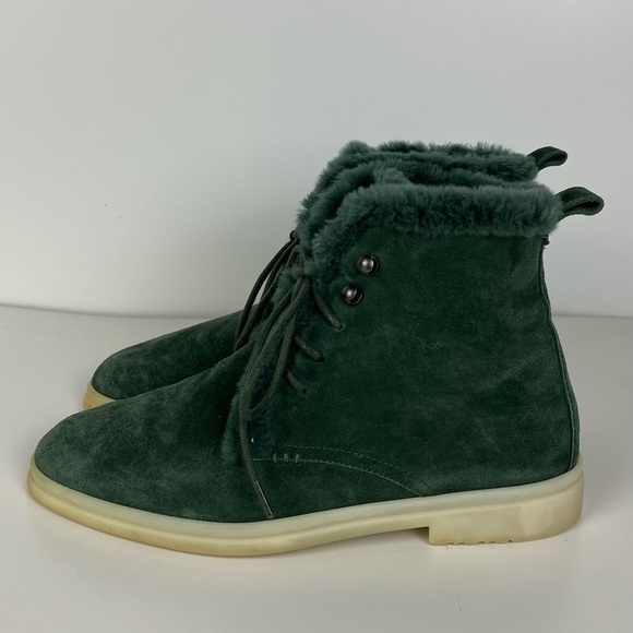 AUTH LORO PIANA GREEN SUEDE & FUR LACE UP BOOTS WOMENS 37 - Picture 2 of 8